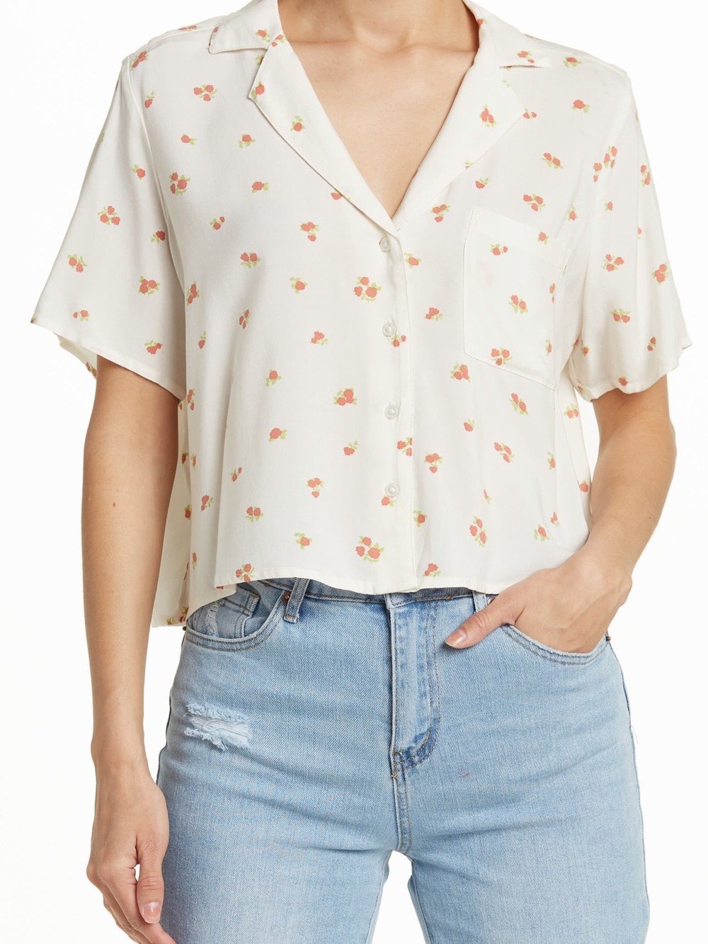 Abound Cream Short-Sleeve Button-Front Crop Shirt with Coral Floral Print